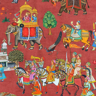 Jaipur Maharaja cotton fabric with elephants and palaces on rust red background
